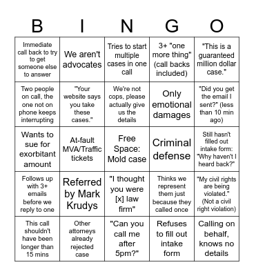 Red Flag Intake Calls Bingo Card