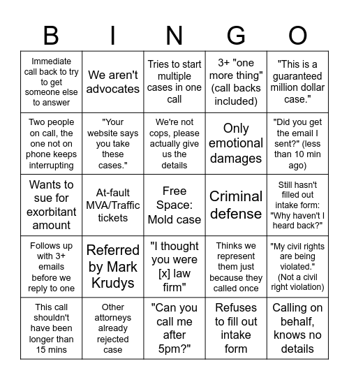 Red Flag Intake Calls Bingo Card