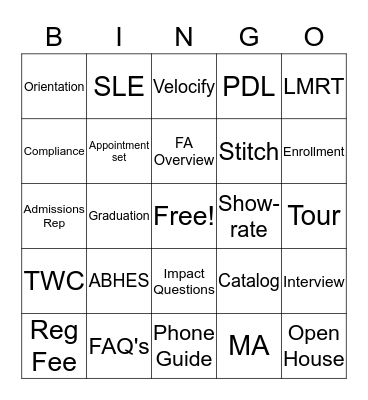 Admissions Bingo Card