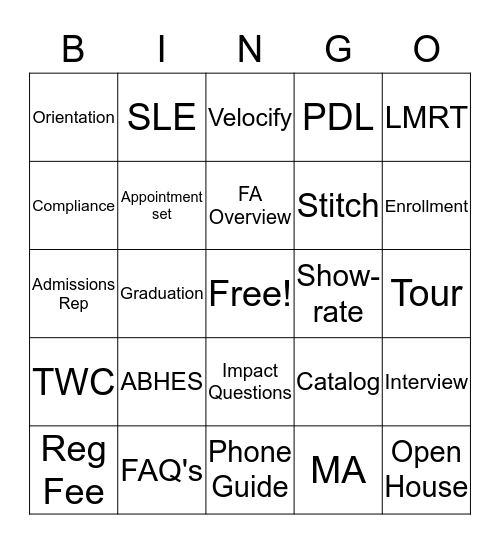 Admissions Bingo Card
