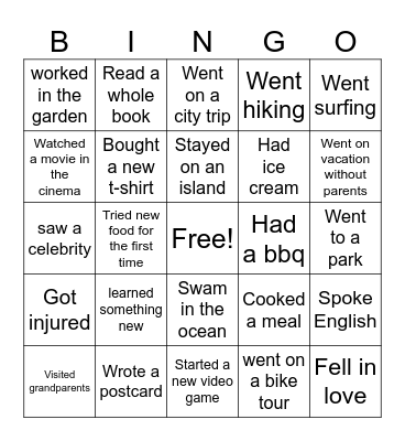 Summer Holiday Bingo Card