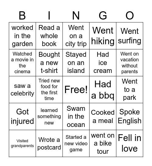Summer Holiday Bingo Card