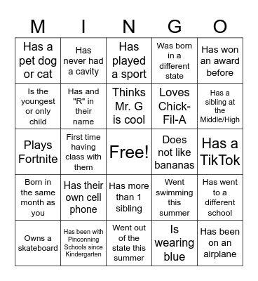 First Day of School MINGO Bingo Card