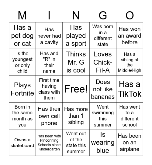 First Day of School MINGO Bingo Card