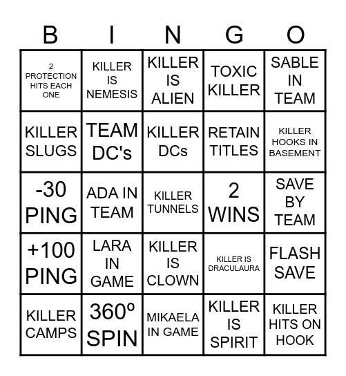 DEAD BY DAYLIGHT Bingo Card