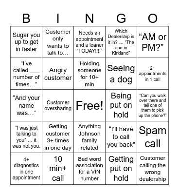 Call Center Bingo Card
