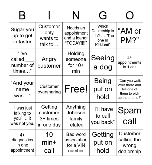 Call Center Bingo Card