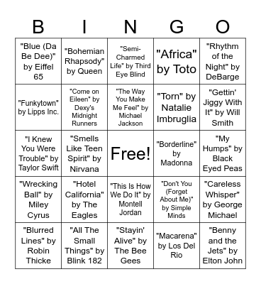 Name That Tune Bingo Card