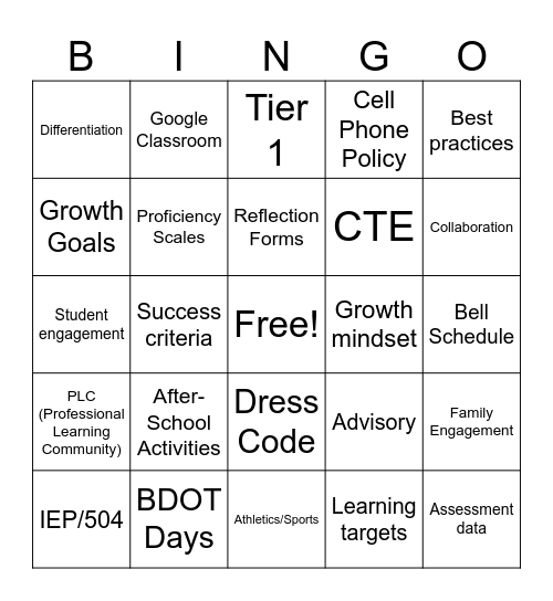 Teacher PD BINGO Card