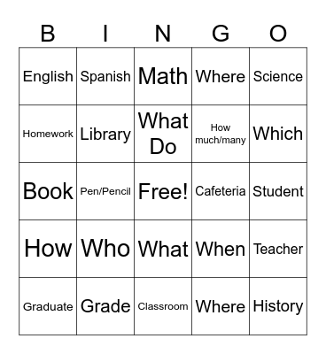 School Vocabulary Bingo Card