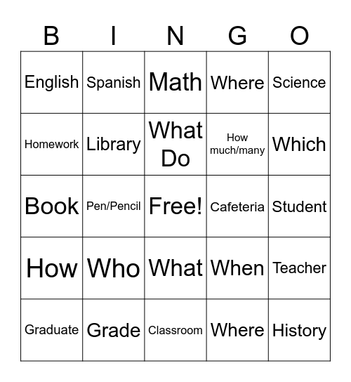 School Vocabulary Bingo Card