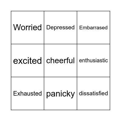 Feelings Adjectives Bingo Card