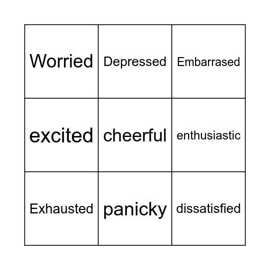 Feelings Adjectives Bingo Card