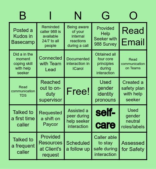 988 Wisconsin LIfeline Bingo Card