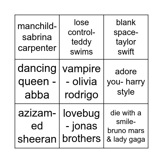 Music Bingo Card