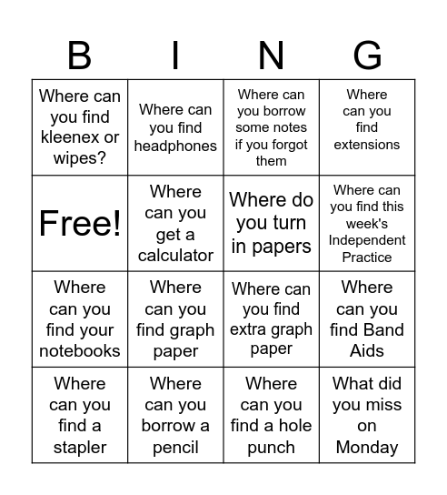 Classroom Bingo Card