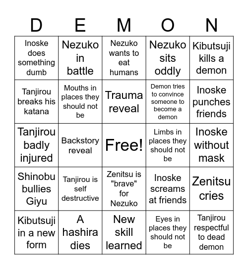 Demon Slayer Arc Bingo Card