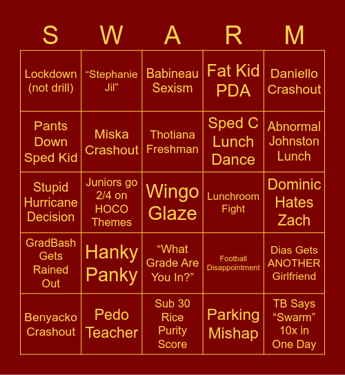 SAHS Senior Bingo Card