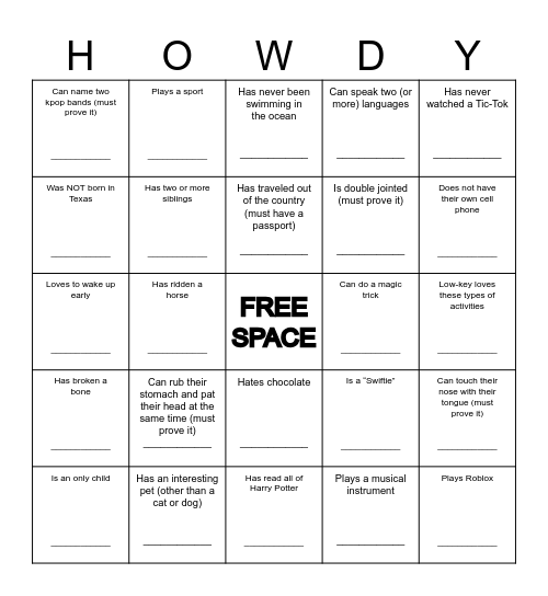 Get to Know You Bingo Card