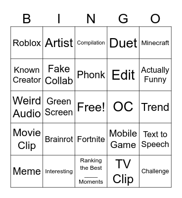 Youtube Shorts Bingo Card
