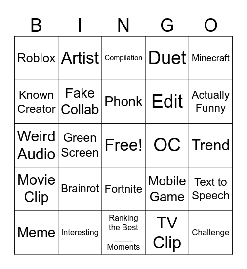 Youtube Shorts Bingo Card