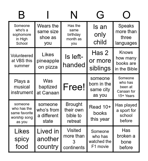 Retreat Bingo Card