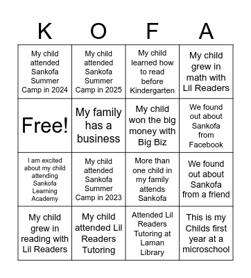 Sankofa Village Bingo Card