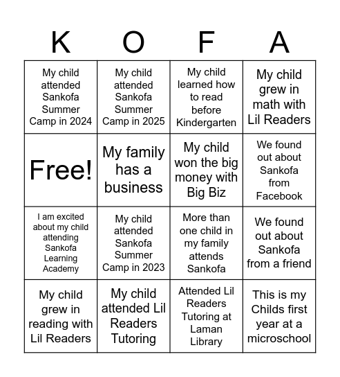 Sankofa Village Bingo Card