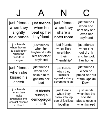 Nancy & Jonathon Being "Just Friends" Bingo Card