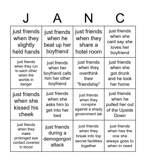 Nancy & Jonathon Being "Just Friends" Bingo Card