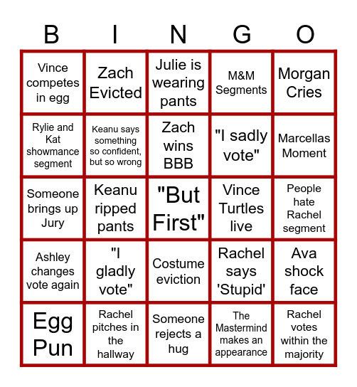 Week 5 Eviction Bingo Card