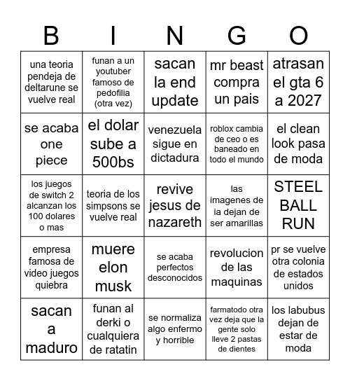 bingo 2026 Bingo Card