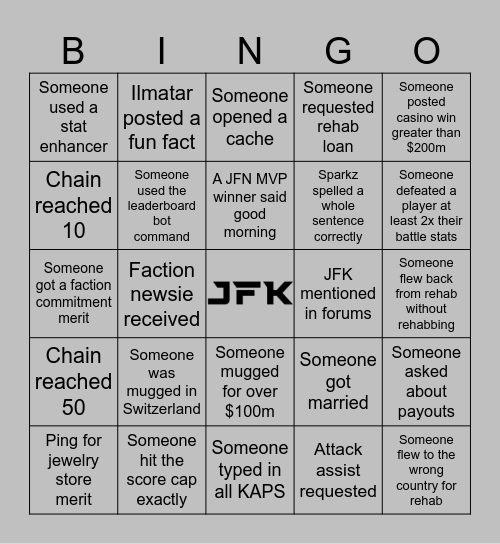 JFK BINGO Card