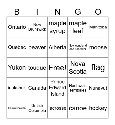 Canada Bingo Card