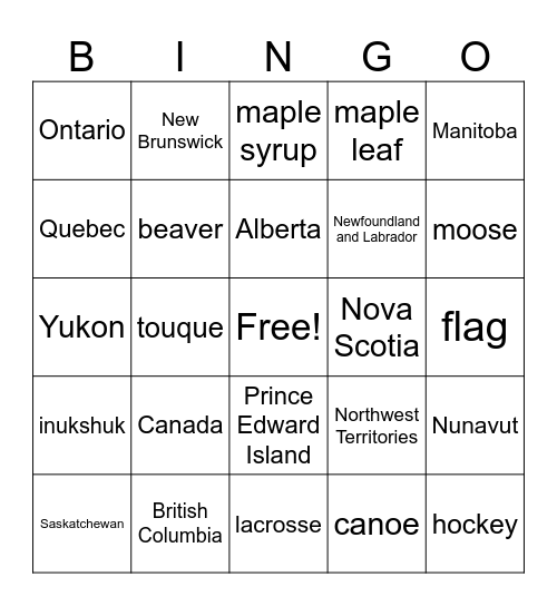 Canada Bingo Card