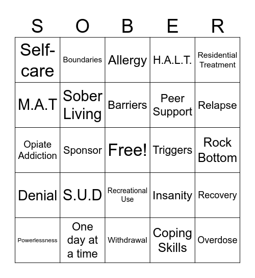 Recovery Bingo Card