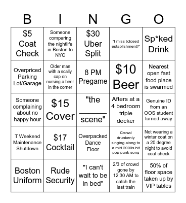 Night Out in Boston Bingo Card