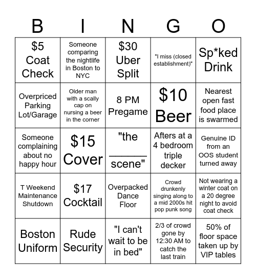 Night Out in Boston Bingo Card