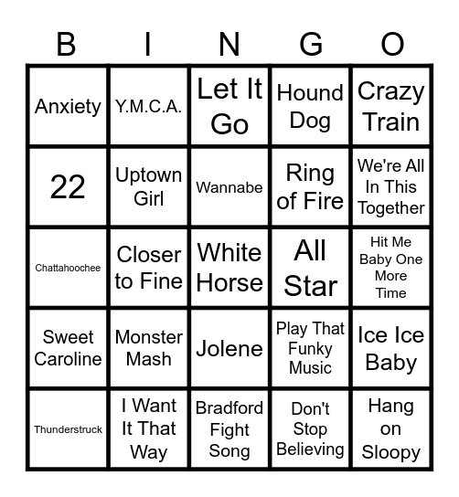Roader - Song Bingo Card