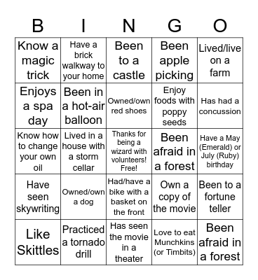 Wizard of Oz Bingo Card