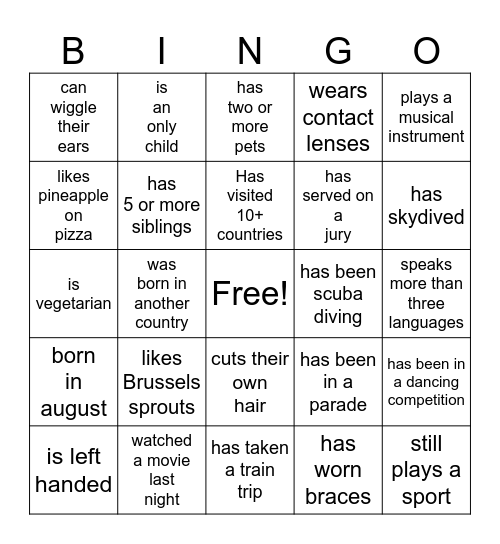 Block Party Bingo Card