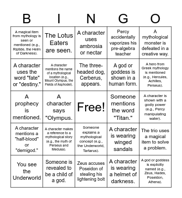The Lightening Thief Bingo Card