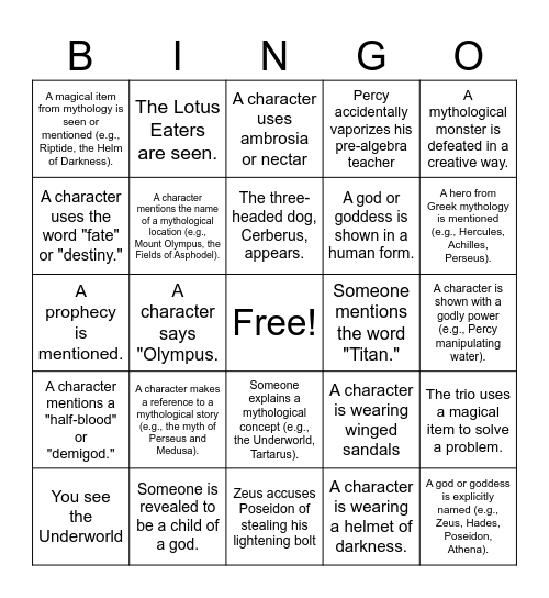 The Lightening Thief Bingo Card