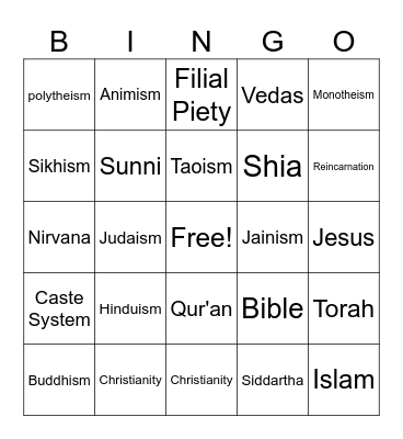World religions Bingo Card