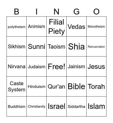 World religions Bingo Card