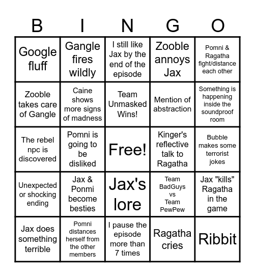 The Amazing Digital Circus Episode 6 Bingo Card
