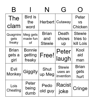 Family guy Bingo Card