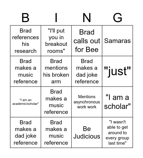 Brad Bingo Card