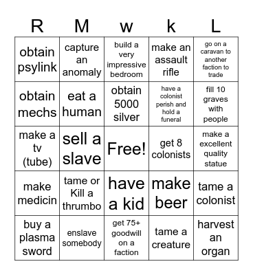 RIMWORLD Bingo Card