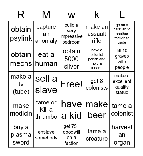 RIMWORLD Bingo Card